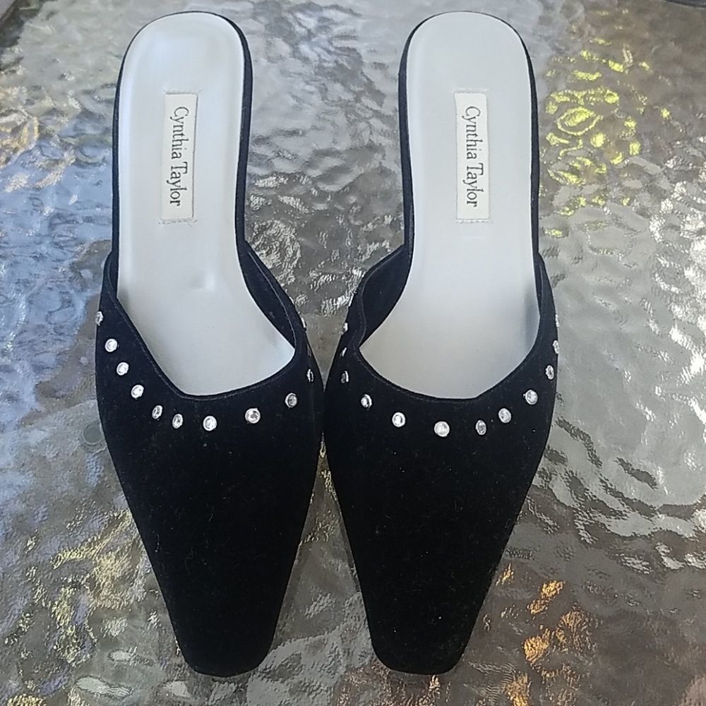 Cynthia Taylor Black Velvet and Rhinestone Slides
